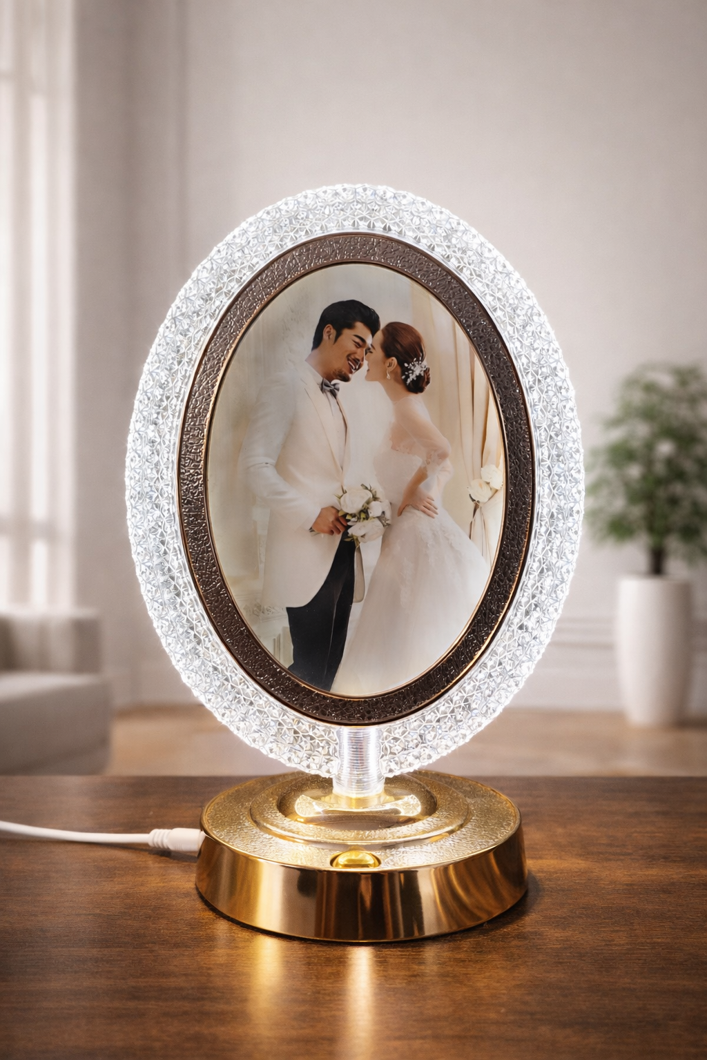 Oval shave Crystal Photo Frame with Led with 2 colors light